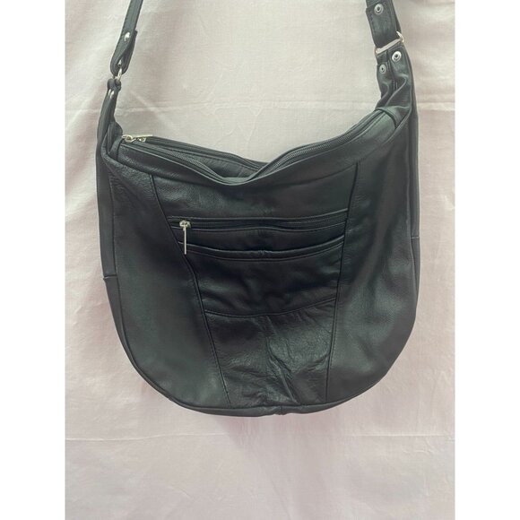 Leather Black Satchel/Crossbody with Adjustable Strap Front Pockets. - Picture 2 of 11